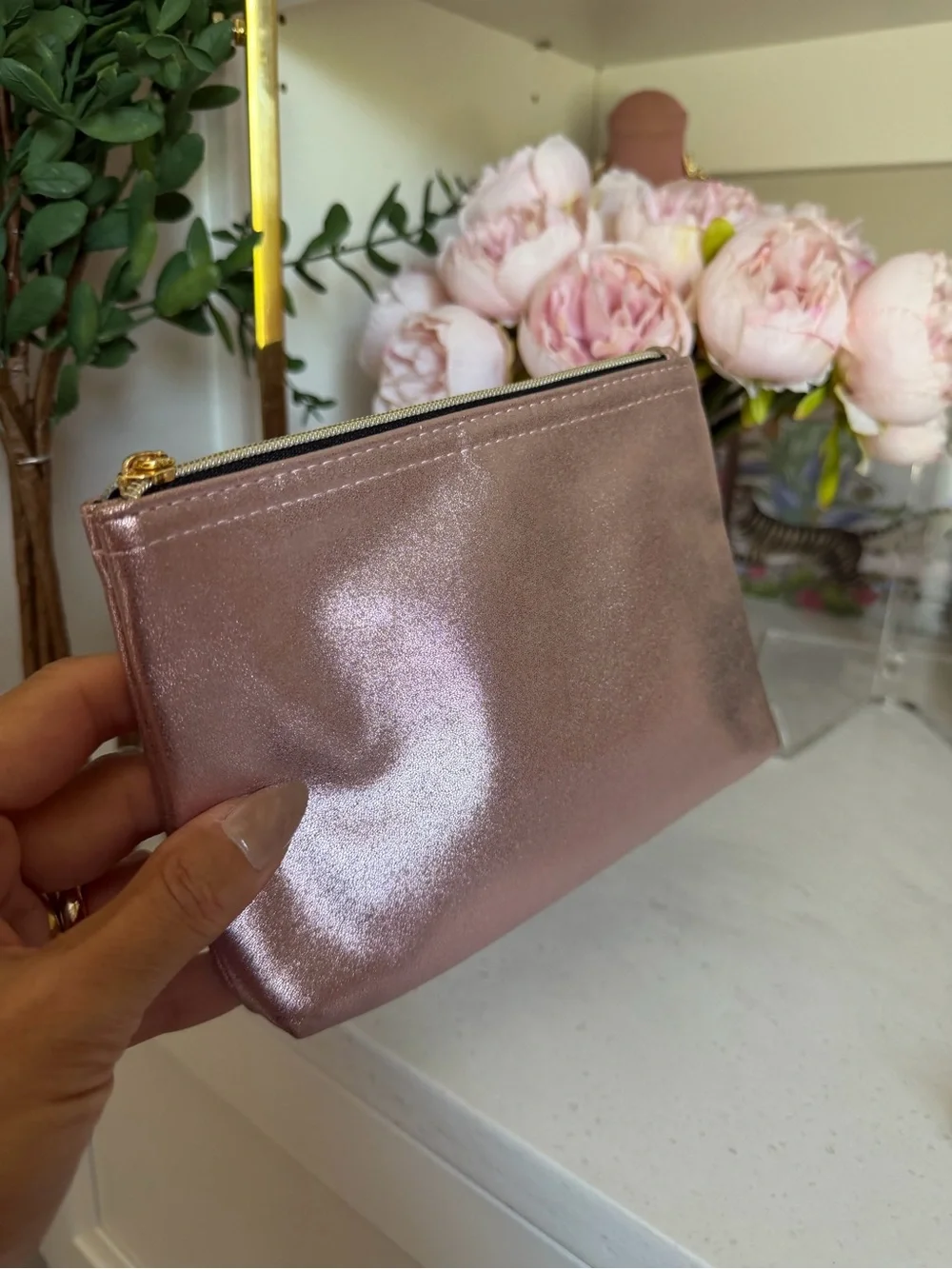 Metallic pink Wristlet Pouch - Elegant Clutch Bag w camellia clip